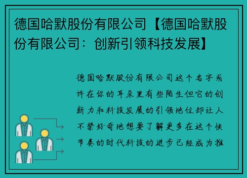 德国哈默股份有限公司【德国哈默股份有限公司：创新引领科技发展】