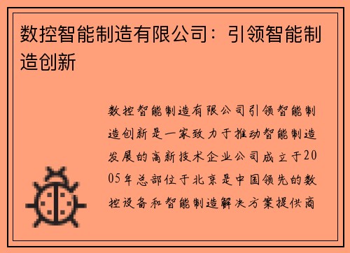 数控智能制造有限公司：引领智能制造创新